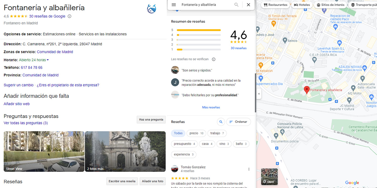 opiniones de nuestros clientes en google sobre fontaneros en Madrid